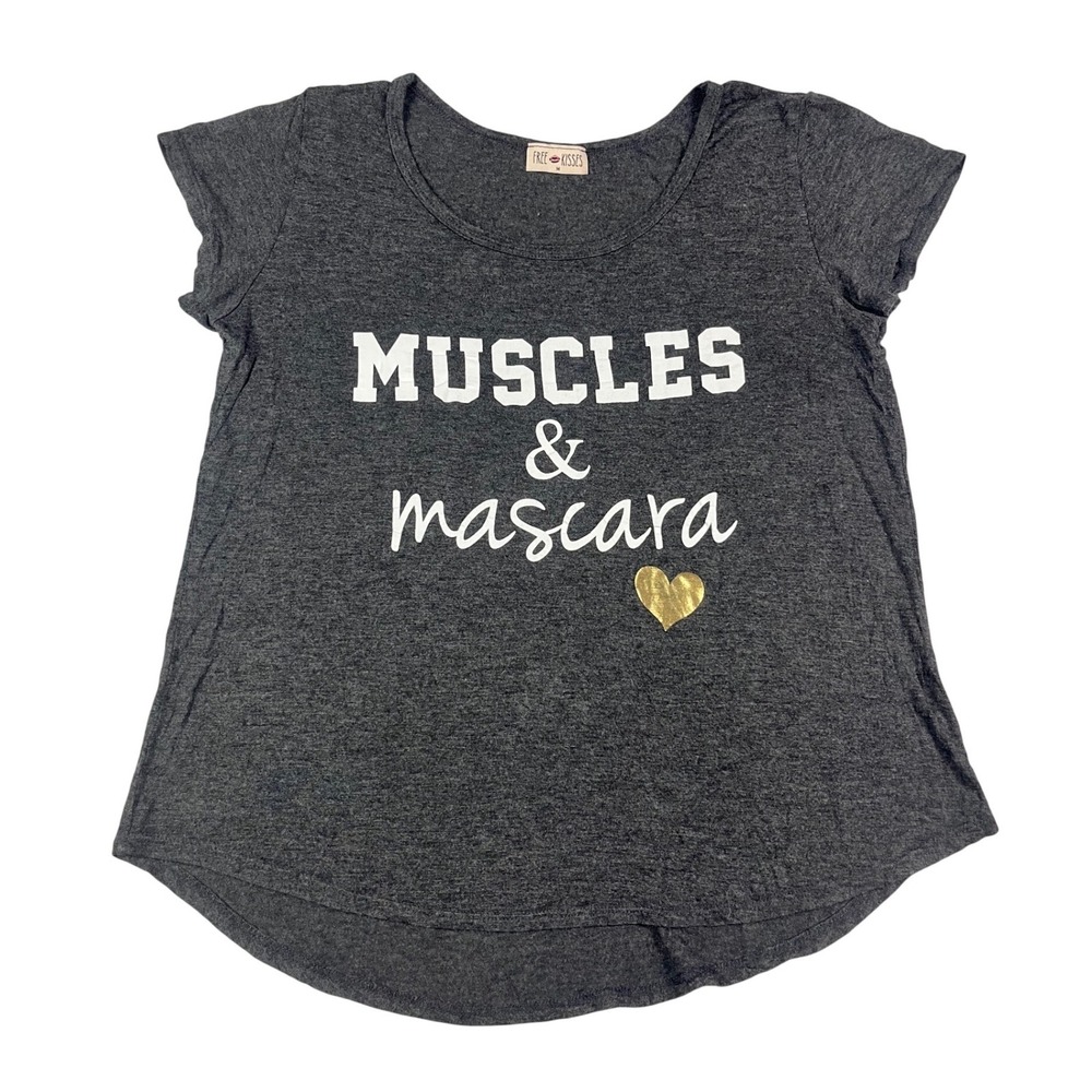 Free Kisses Muscles & Mascara Graphic Tee Gray Heathered Short Sleeve Medium